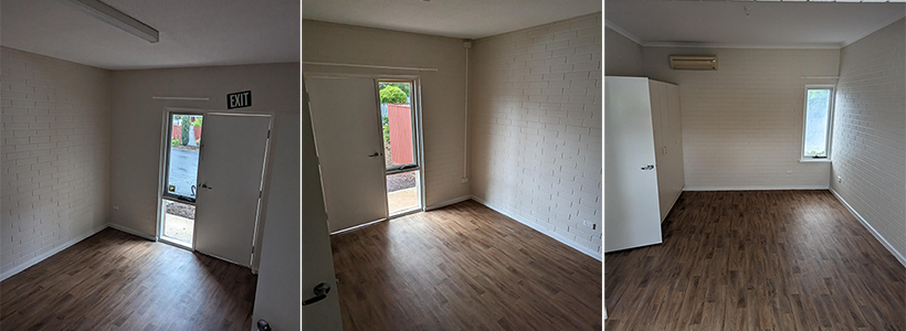 Photos of one of the houses provided for the Skillin It program. Inside house - Left: Front door, Middle image: bedroom 1 and Right: bedroom 2