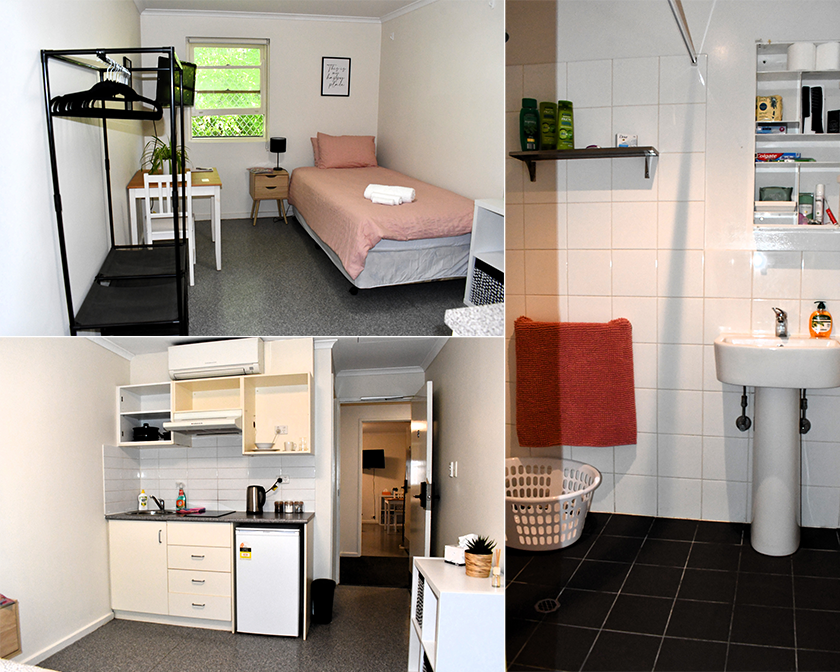 Collage of 3 photos of new city hub accommodation for women experiencing homelessness Top left: bedroom with single bed and hanging space, Bottom left: kitchenette and Left: Bathroom with shower, basin and toiletry cabinet