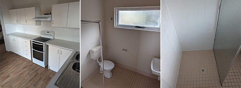 Photos of one of the houses provided for the Skillin It program. Inside house - Left: Kitchen, Middle image: bathroom toilet and basin and Right: shower