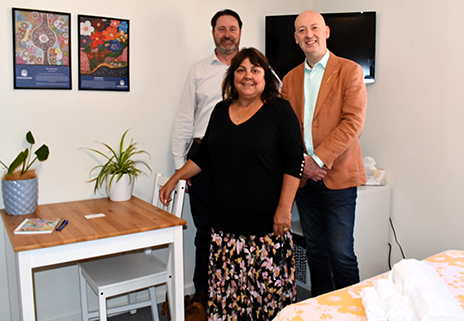 Michael Buchan, CE - SA Housing Authority, Cheryl Axleby, Head of Aboriginal Housing - SA Housing Authority and Shane Austin, CEO - Baptist Care SA standing in one of the new hub bedrooms