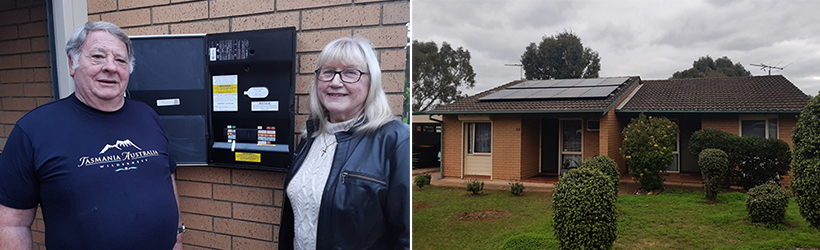 Left, Craig and Yvonne SA Housing Authority Tenants showcasing their Tesla battery and Right, Craig and Yvonne's home with solar panels