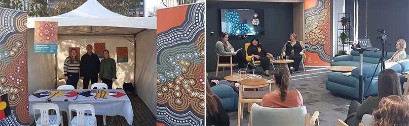  Image left - Our Housing SA team stall at the Family Fun Day in Tarntanyangga (Victoria Square),  and Image right - Discussion panel with our new Head of Aboriginal Housing Cheryl Axleby and our Board Member and Reconciliation South Australia CEO Shona Reid 