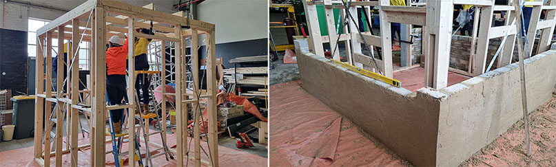 Image left - Apprentices erecting a house frame, and Image right - Concreting around house frame