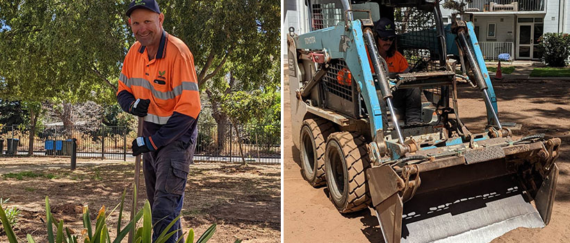 Left, Andrew and Right, Bowdey (in digger) from the Urbanvirons horticulture team performing a range of landscaping upgrades to one of our Adelaide metropolitan housing sites